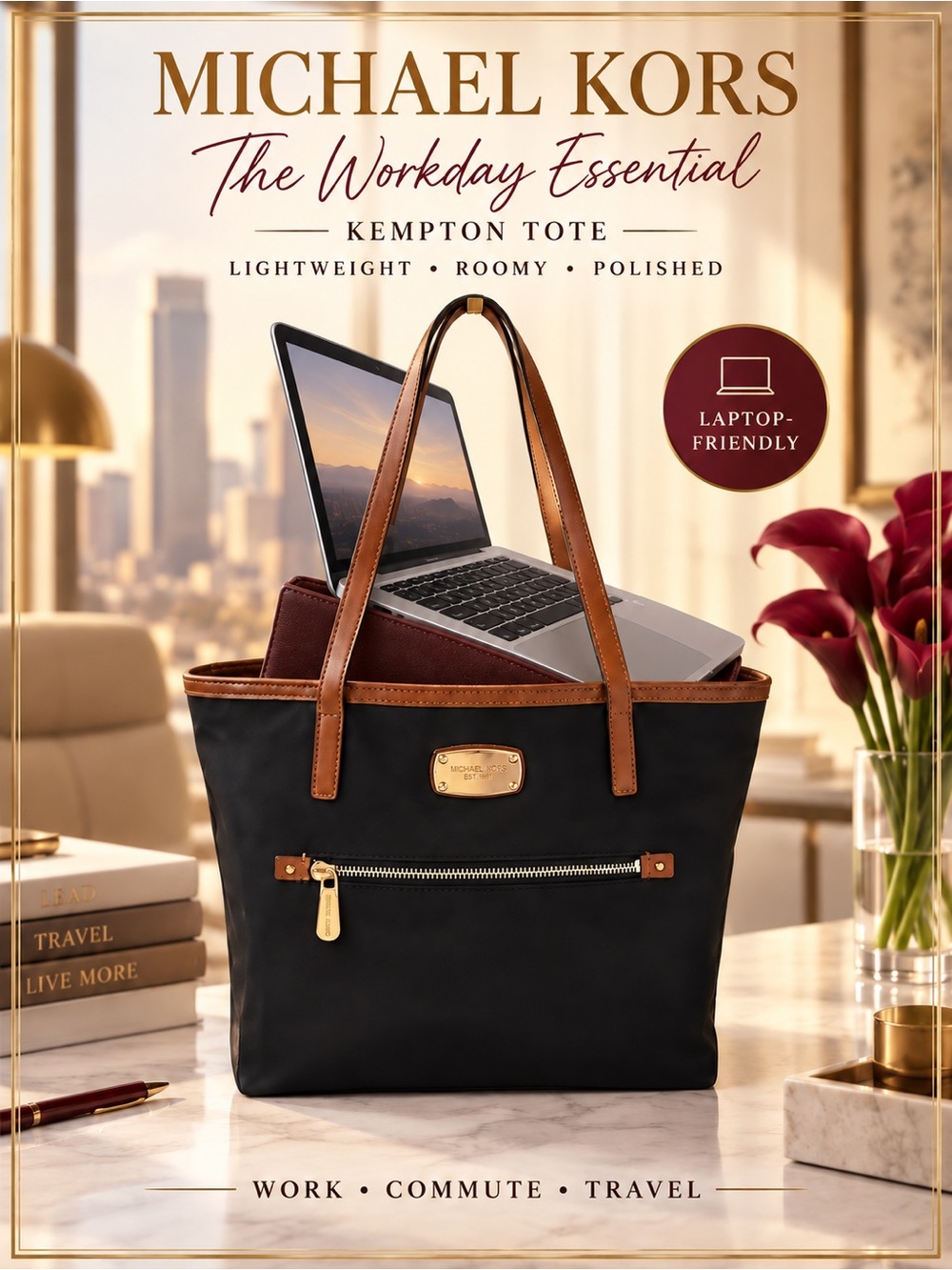 Michael Kors Jet Set Travel Large  Nylon Tote in Black with Brown Trim-Laptop
